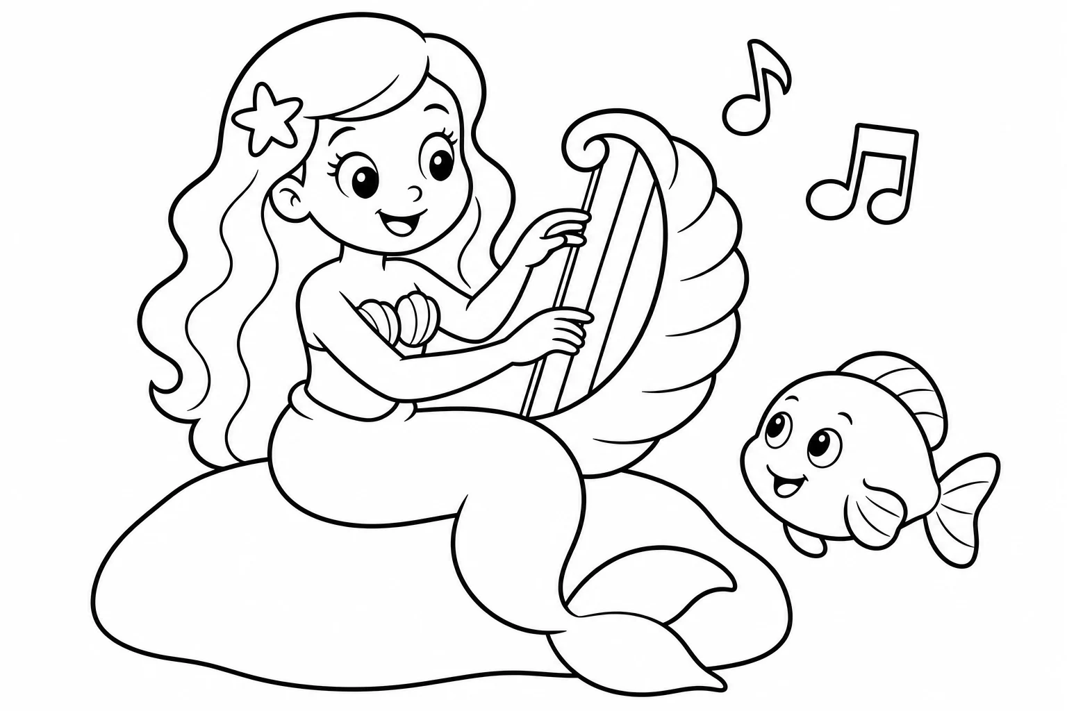 Mermaids shell harp — easy mermaids coloring page (ages 2–5)