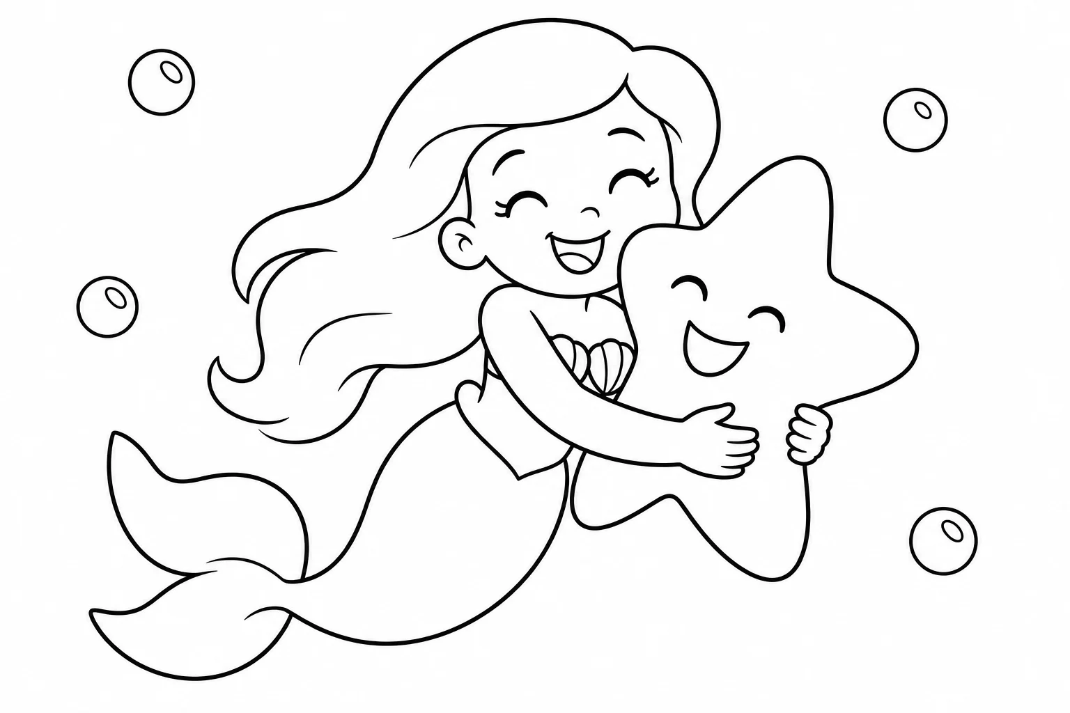 Mermaids starfish hug — easy mermaids coloring page (ages 2–5)