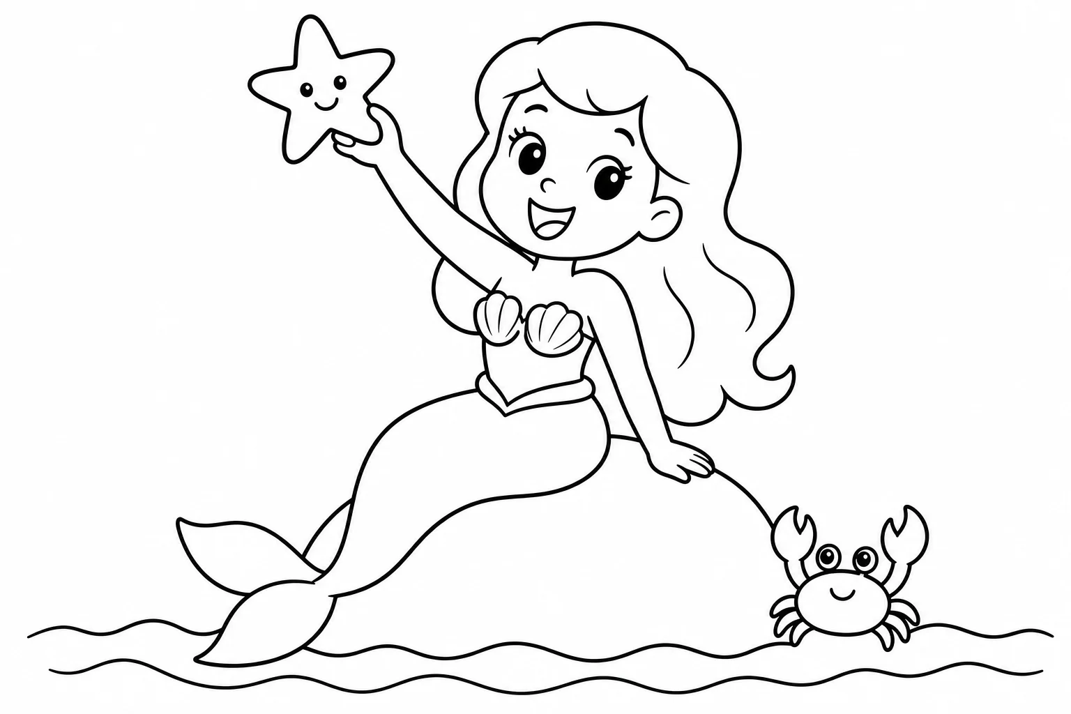 Mermaids starfish rock — easy mermaids coloring page (ages 2–5)