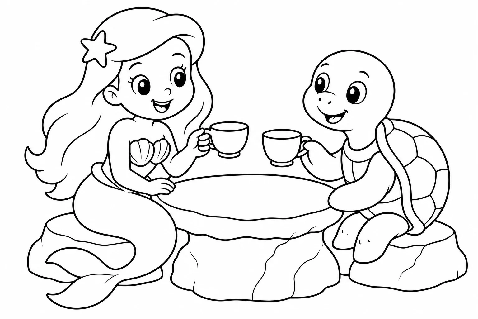 Mermaids tea party — easy mermaids coloring page (ages 2–5)