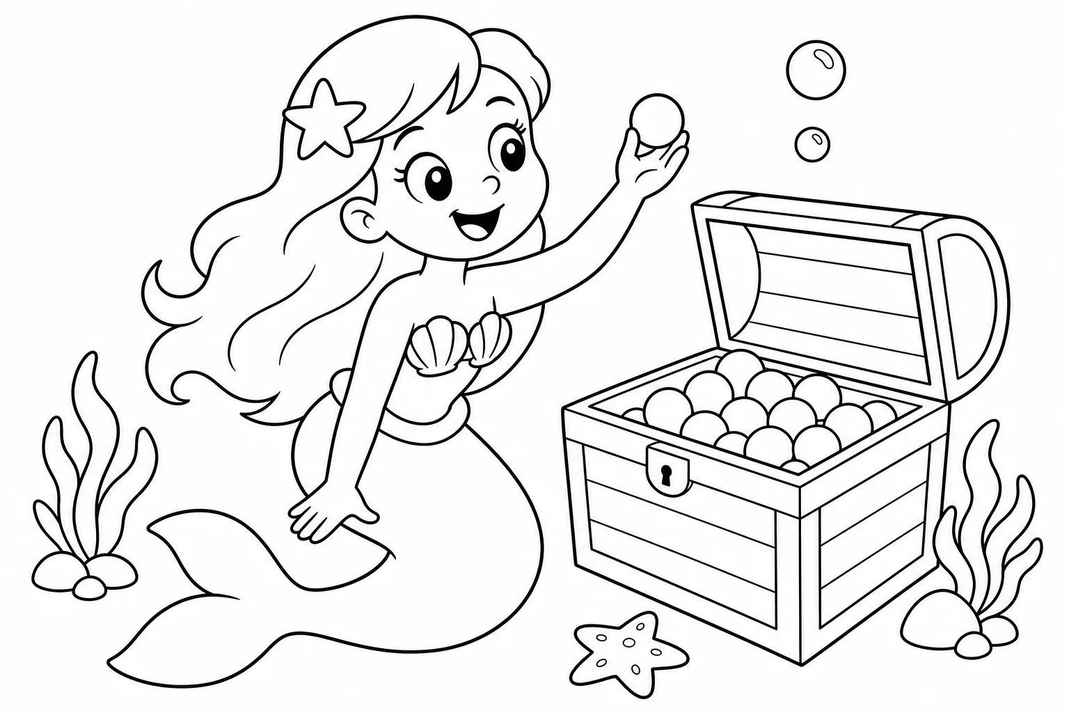 Mermaids treasure chest — easy mermaids coloring page (ages 2–5)
