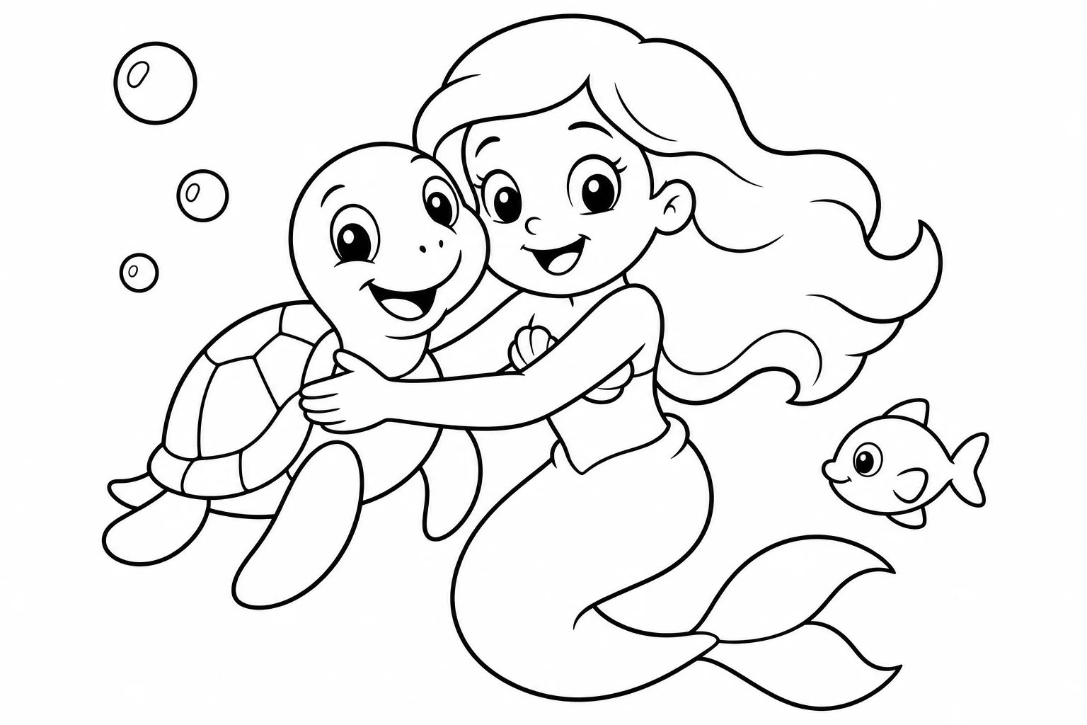 Mermaids turtle hug — easy mermaids coloring page (ages 2–5)