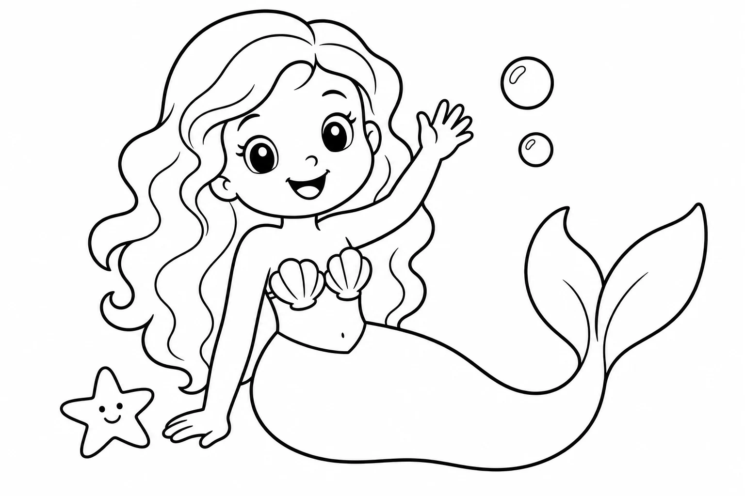 Mermaids waving hello — easy mermaids coloring page (ages 2–5)