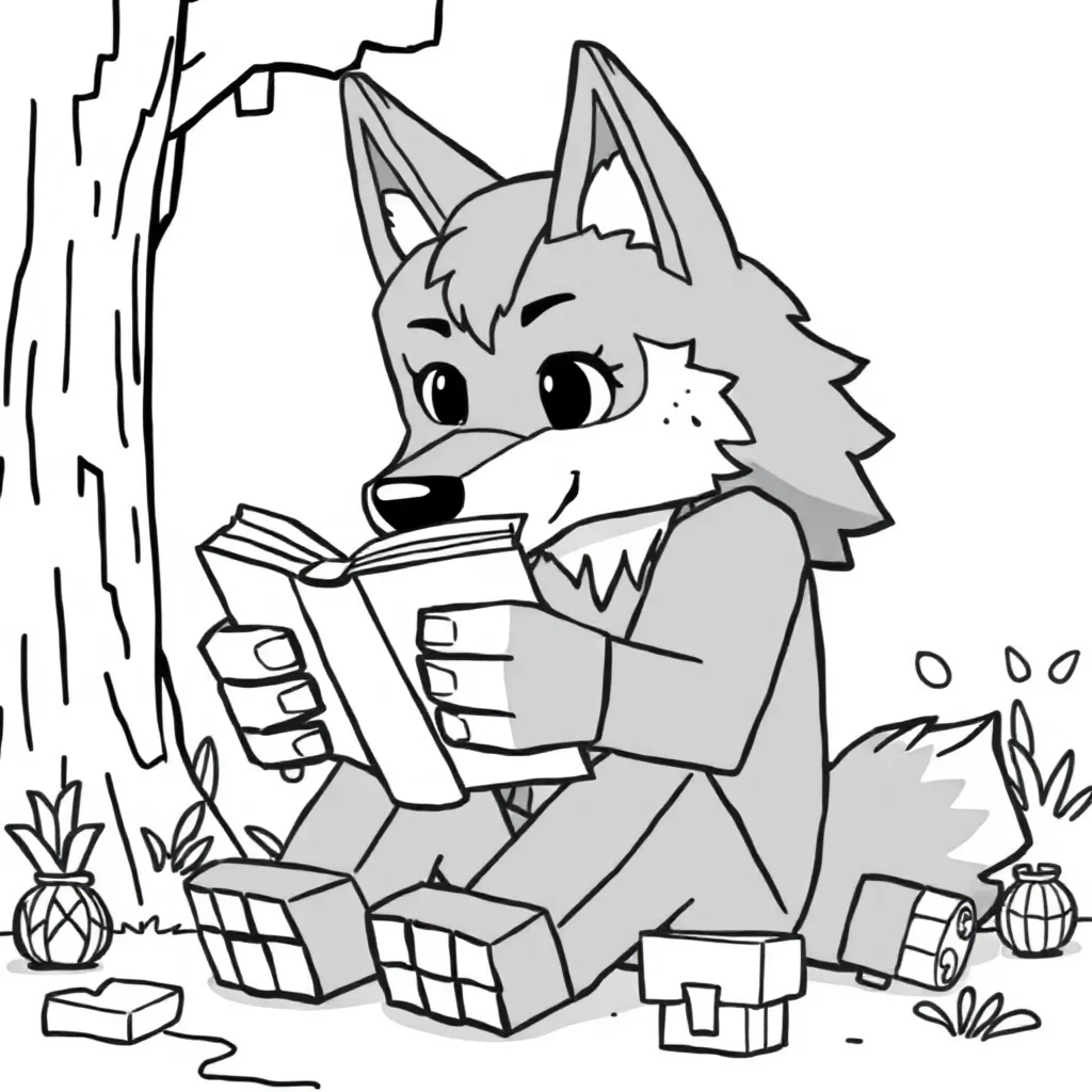 Minecraft a cute blocky minecraft wolf reading a book — classic minecraft coloring page (ages 5–10)