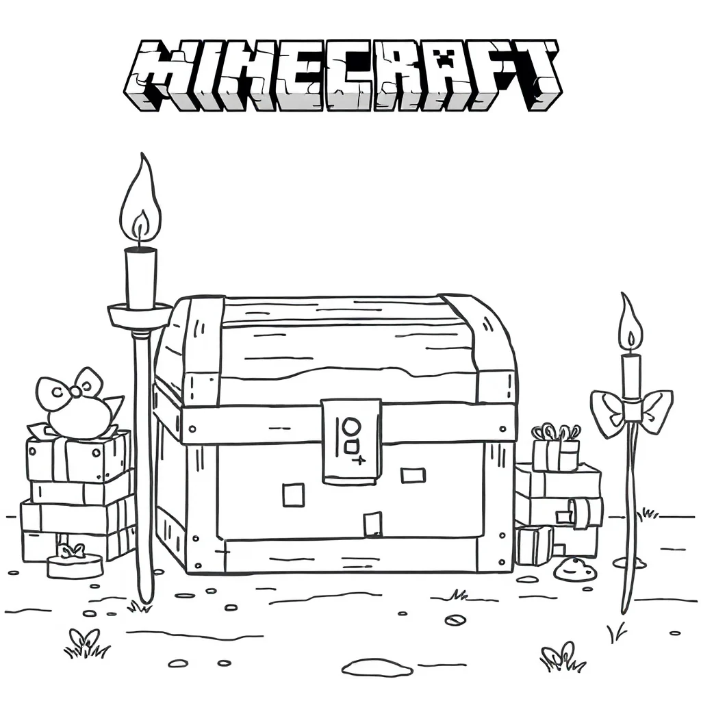 Minecraft a minecraft chest and torch celebrating a birthday — classic minecraft coloring page (ages 5–10)