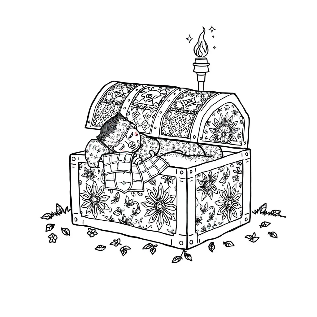 Minecraft a minecraft chest and torch sleeping curled up — detailed minecraft coloring page (ages 9+ & adults)