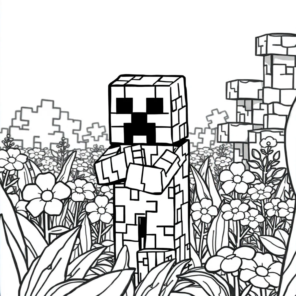 Minecraft a minecraft creeper character in a flower garden — classic minecraft coloring page (ages 5–10)