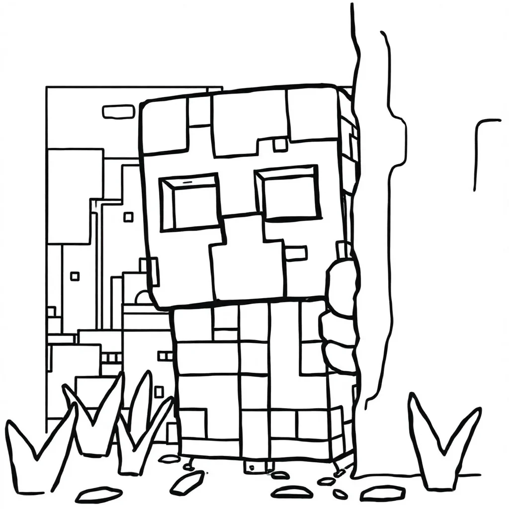 Minecraft a minecraft creeper character peeking from behind something — classic minecraft coloring page (ages 5–10)