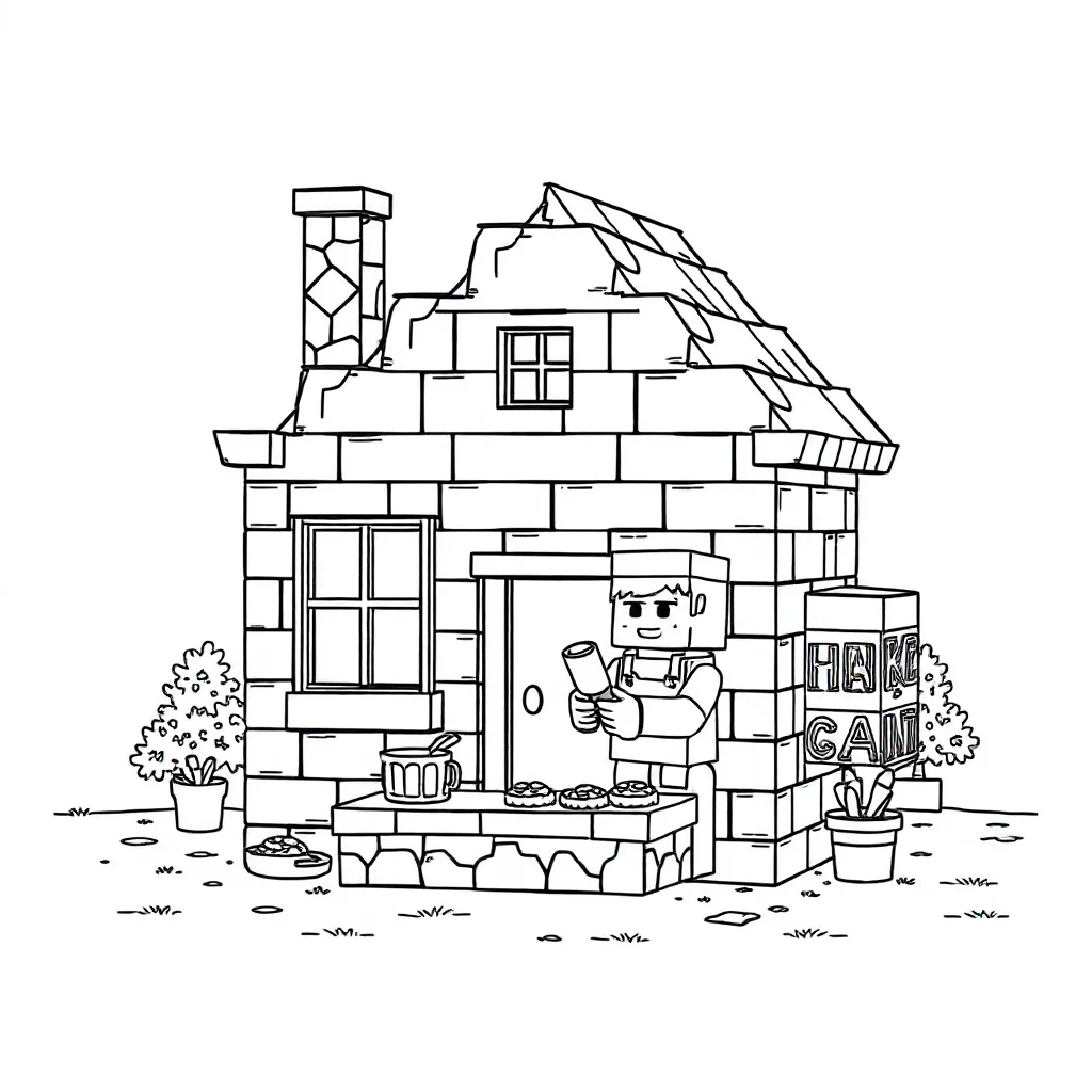 Minecraft a minecraft house with blocks baking cookies — classic minecraft coloring page (ages 5–10)
