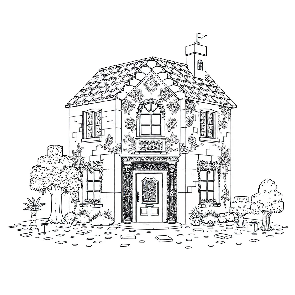 Minecraft a minecraft house with blocks dancing — detailed minecraft coloring page (ages 9+ & adults)