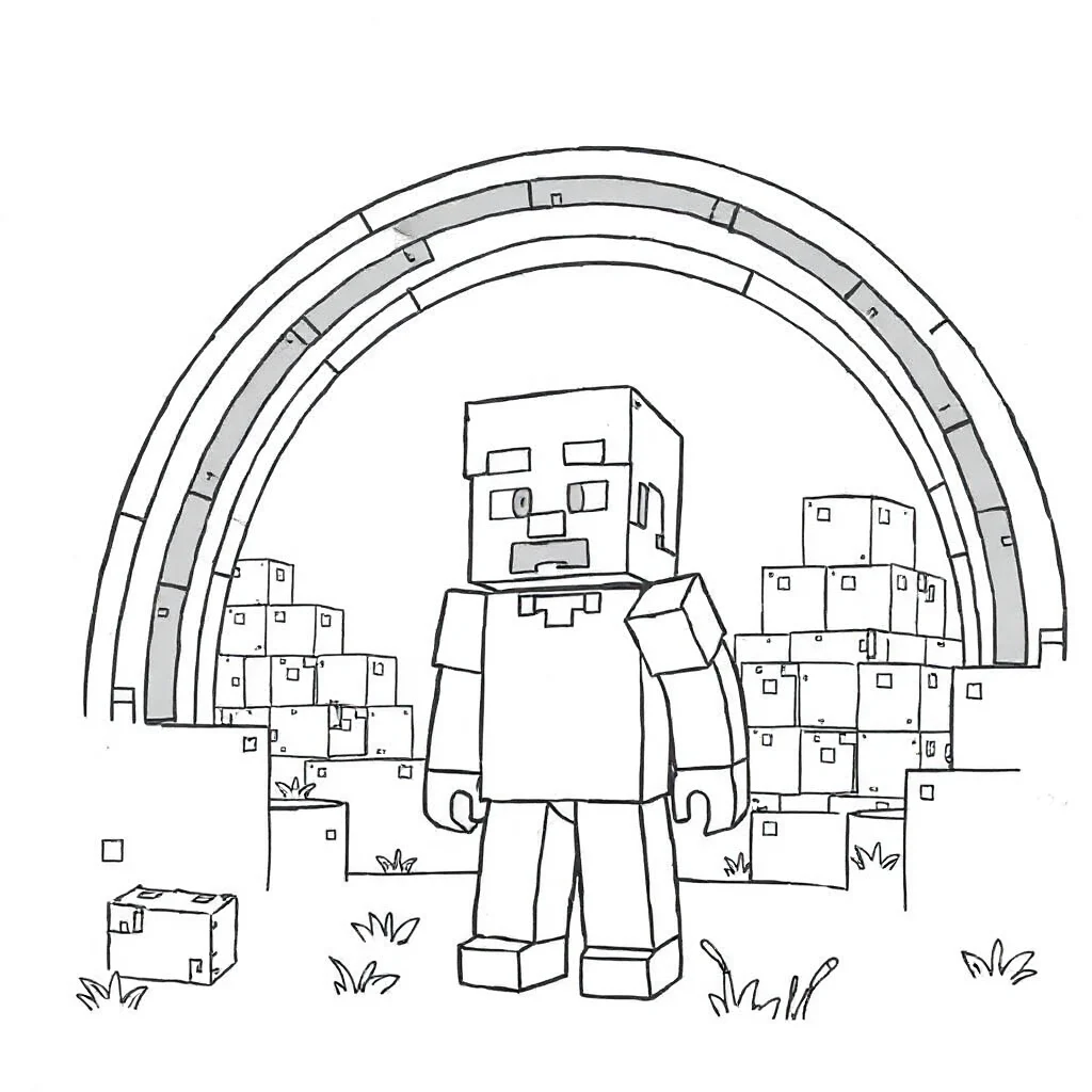 Minecraft a minecraft steve character standing under a rainbow — classic minecraft coloring page (ages 5–10)