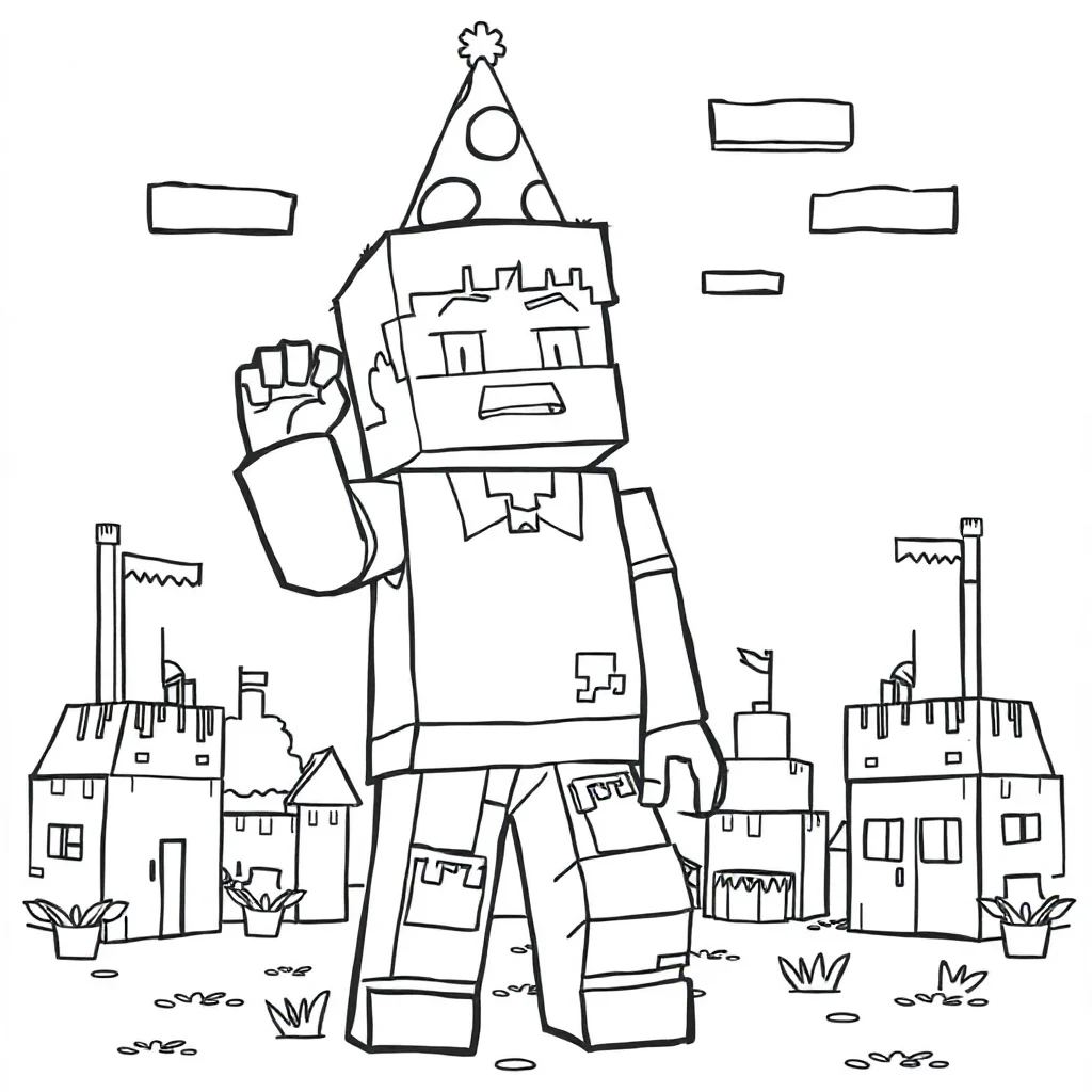 Minecraft a minecraft steve character standing wearing a party hat — classic minecraft coloring page (ages 5–10)