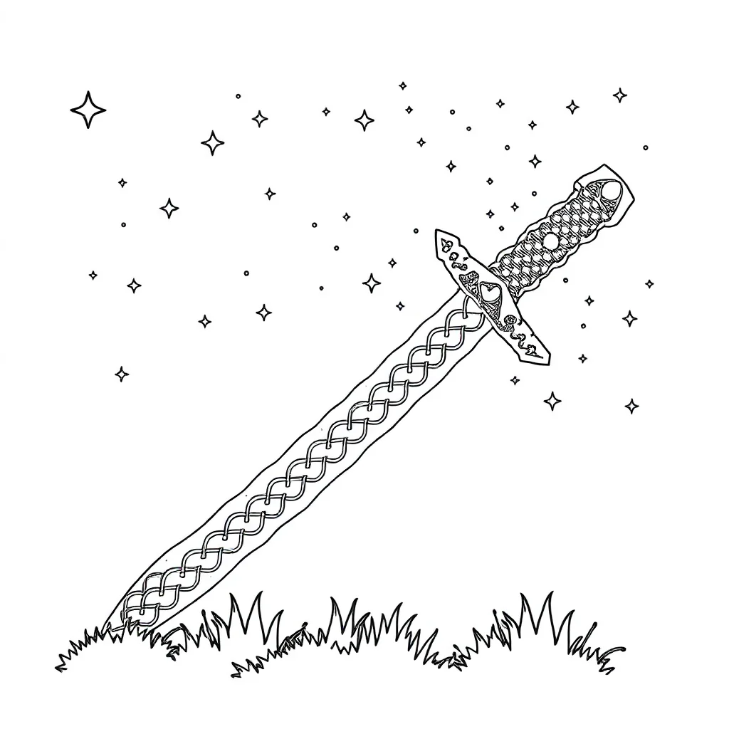 Minecraft a minecraft sword and pickaxe under the night sky with stars — detailed minecraft coloring page (ages 9+ & adults)