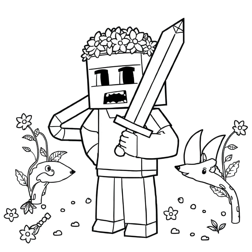 Minecraft a minecraft sword and pickaxe wearing a flower crown — classic minecraft coloring page (ages 5–10)