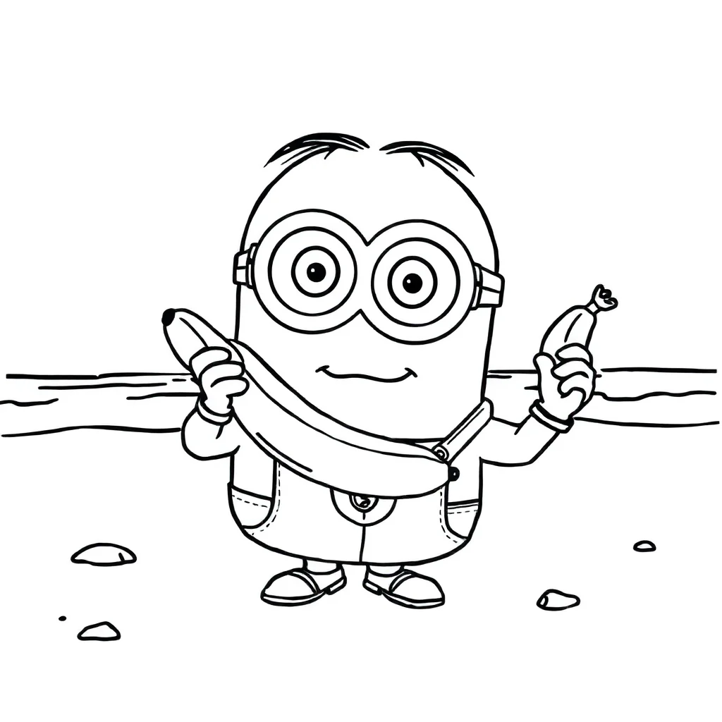 Minions a chibi minion holding a banana on the beach — classic minions coloring page (ages 5–10)