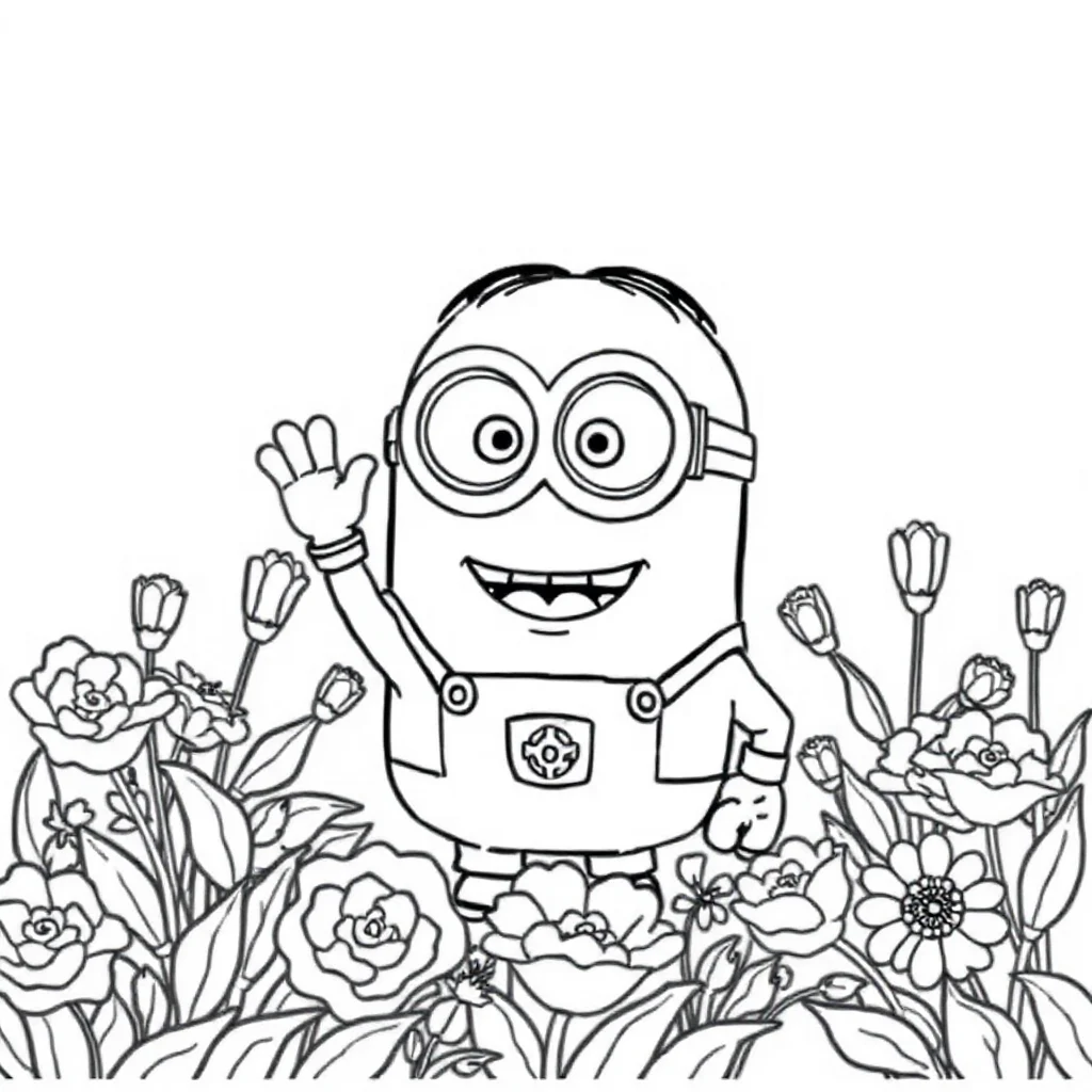 Minions a cute minion waving in a flower garden — classic minions coloring page (ages 5–10)