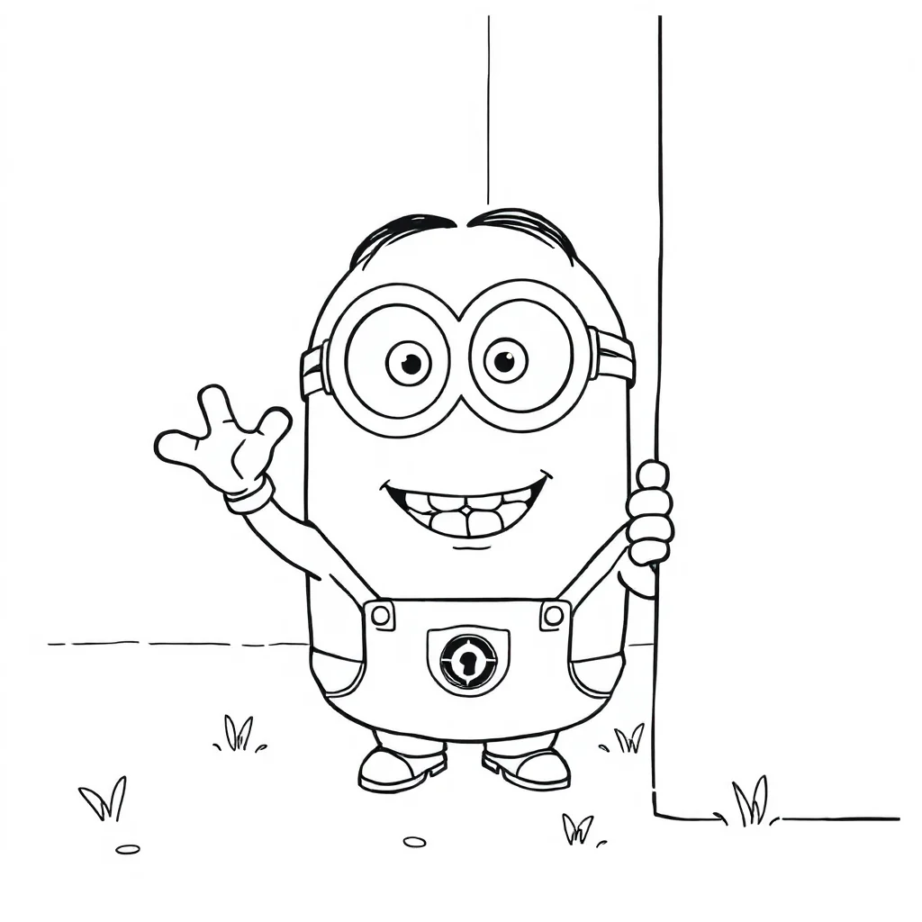 Minions a cute minion waving peeking from behind something — classic minions coloring page (ages 5–10)