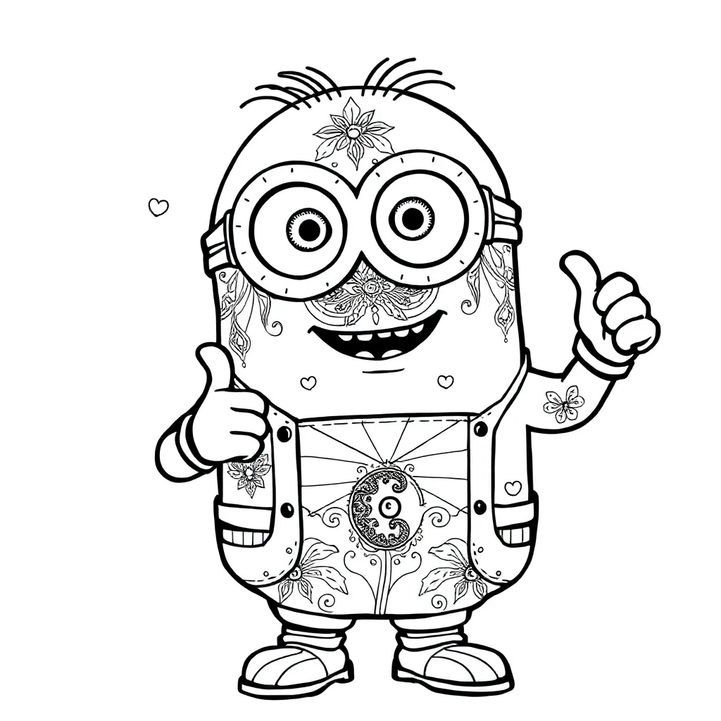 Minions a minion giving a thumbs up dancing — detailed minions coloring page (ages 9+ & adults)