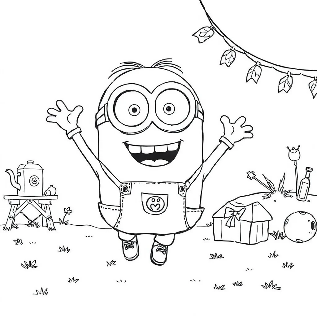 Minions a minion jumping with joy having a picnic — classic minions coloring page (ages 5–10)