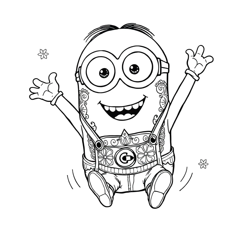 Minions a minion jumping with joy sitting — detailed minions coloring page (ages 9+ & adults)