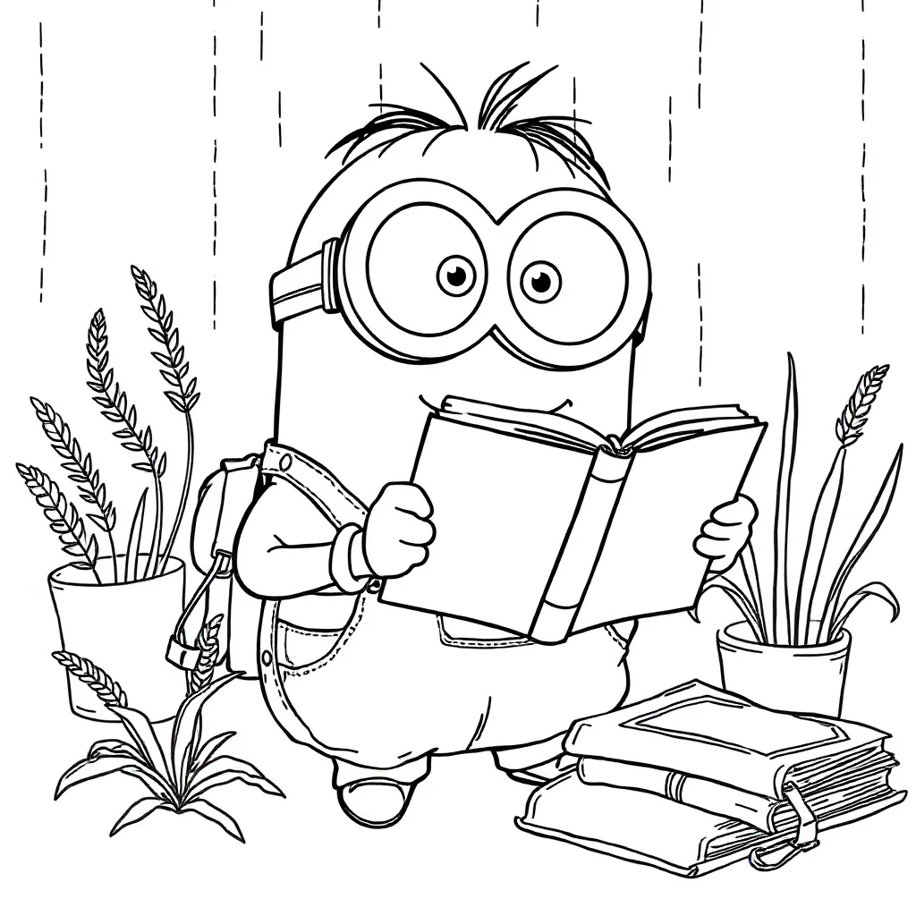 Minions a minion wearing overalls reading a book — classic minions coloring page (ages 5–10)