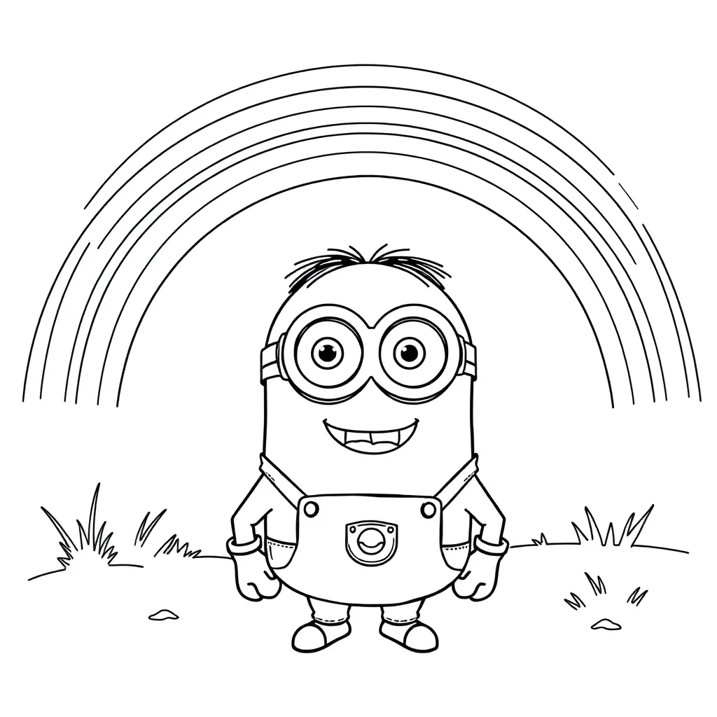 Minions a minion with goggles smiling under a rainbow — classic minions coloring page (ages 5–10)