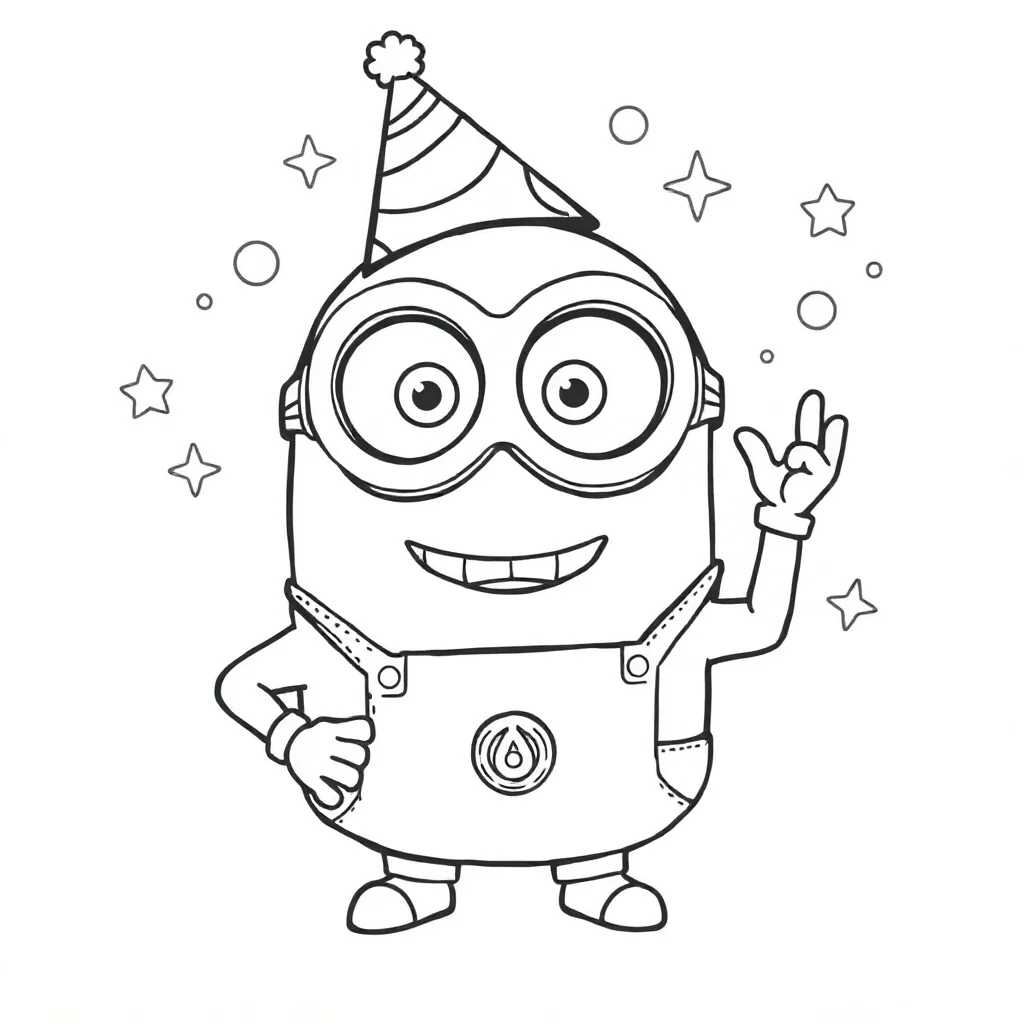 Minions a minion with goggles smiling wearing a party hat — classic minions coloring page (ages 5–10)