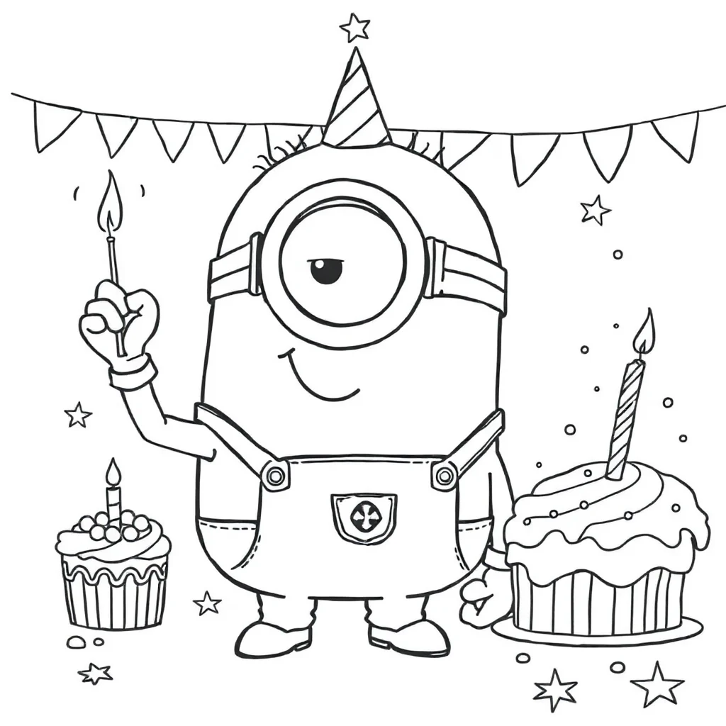 Minions a minion with one eye winking celebrating a birthday — classic minions coloring page (ages 5–10)