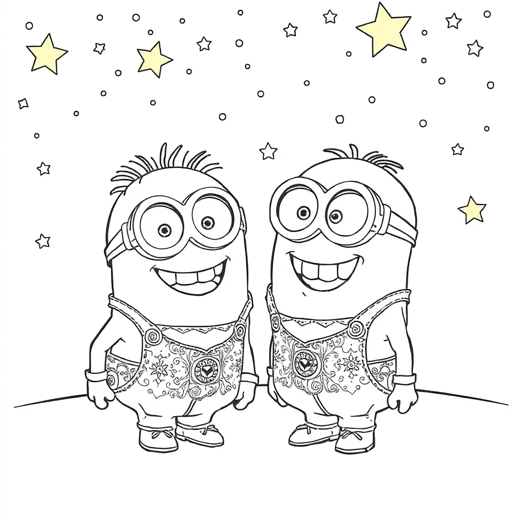 Minions two minions laughing together under the night sky with stars — detailed minions coloring page (ages 9+ & adults)