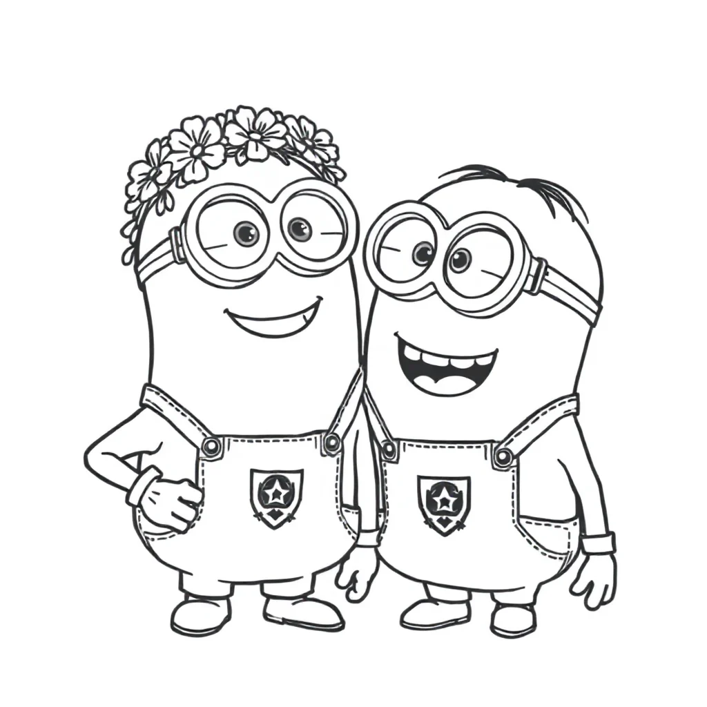 Minions two minions laughing together wearing a flower crown — classic minions coloring page (ages 5–10)