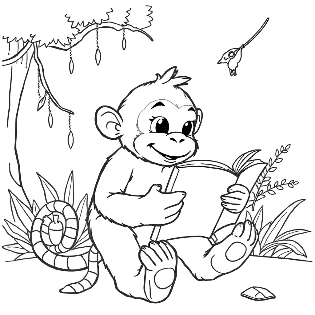 Monkeys a baby monkey reading a book — classic monkeys coloring page (ages 5–10)