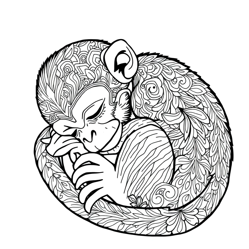 Monkeys a baby monkey sleeping curled up — detailed monkeys coloring page (ages 9+ & adults)