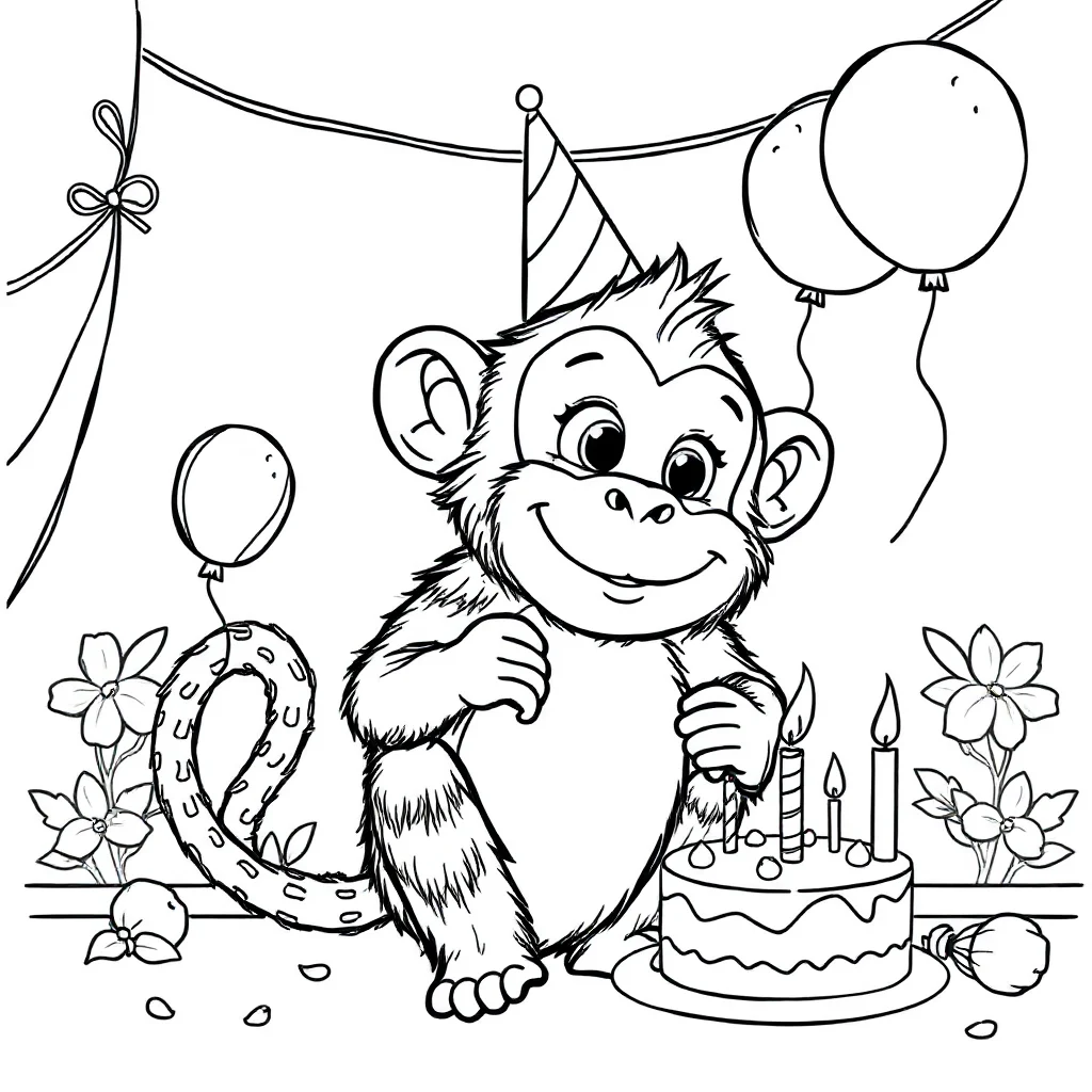 Monkeys a cute monkey celebrating a birthday — classic monkeys coloring page (ages 5–10)