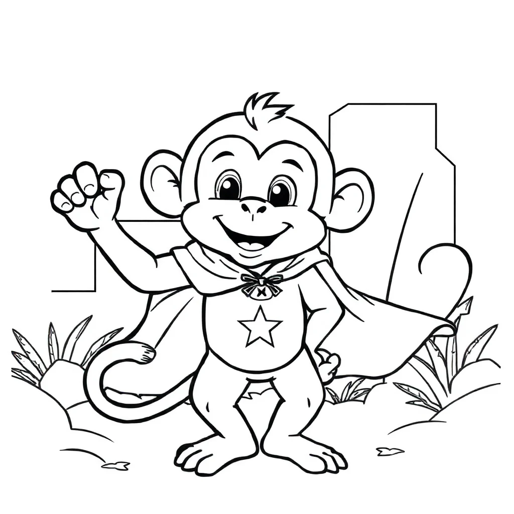 Monkeys a cute monkey in a superhero cape — classic monkeys coloring page (ages 5–10)