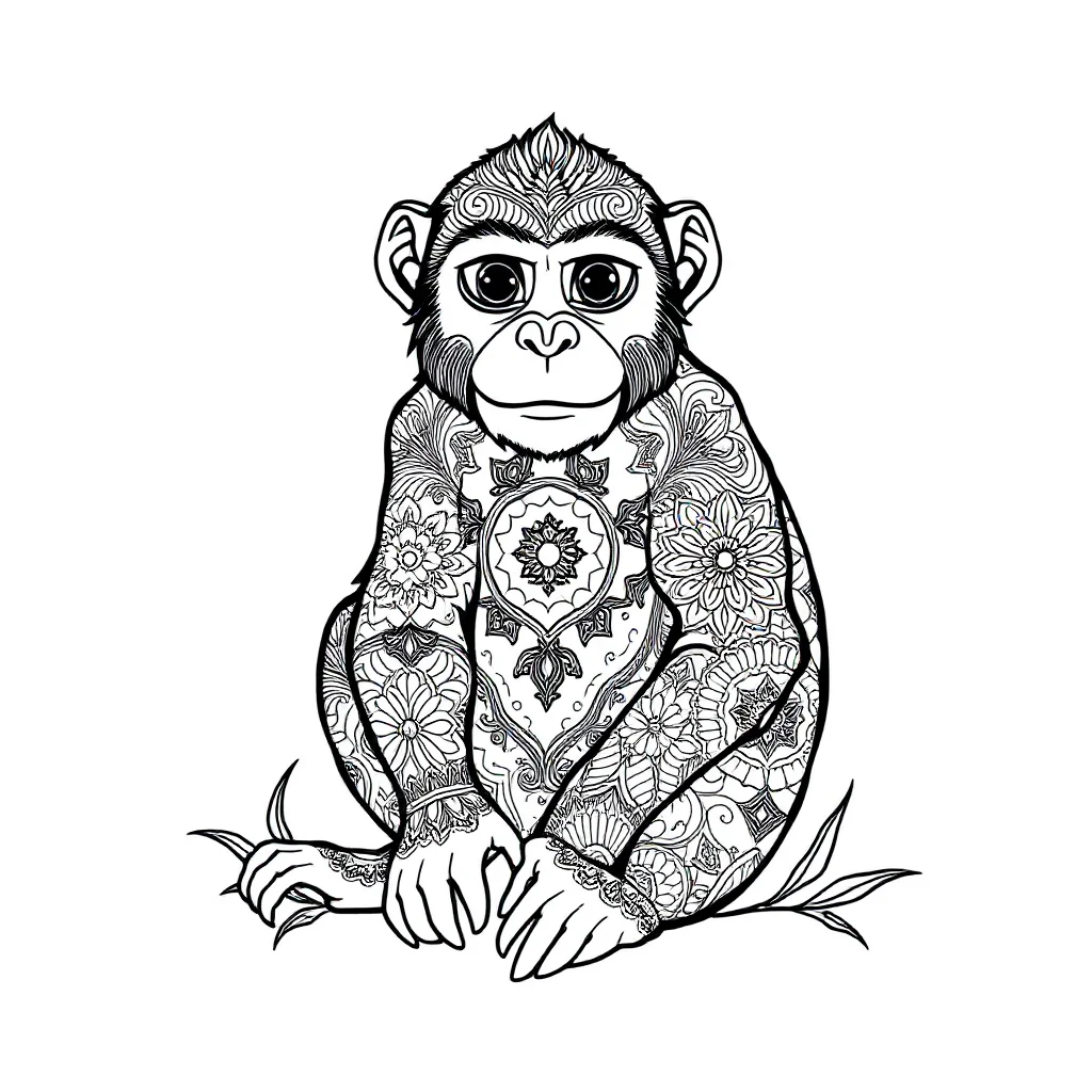 Monkeys a cute monkey sitting — detailed monkeys coloring page (ages 9+ & adults)