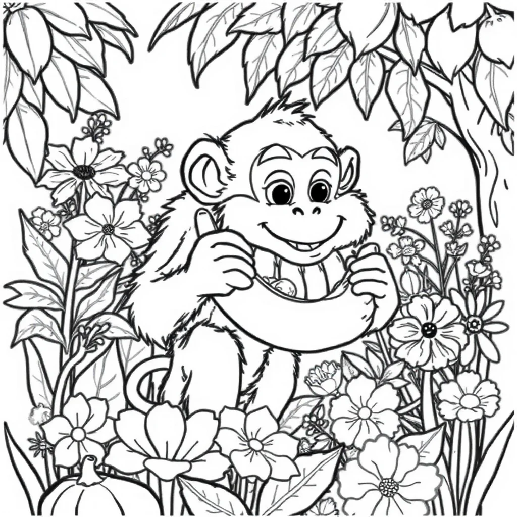 Monkeys a monkey eating a banana in a flower garden — classic monkeys coloring page (ages 5–10)