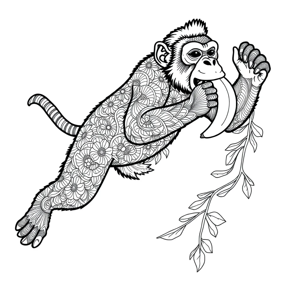 Monkeys a monkey eating a banana leaping mid air — detailed monkeys coloring page (ages 9+ & adults)