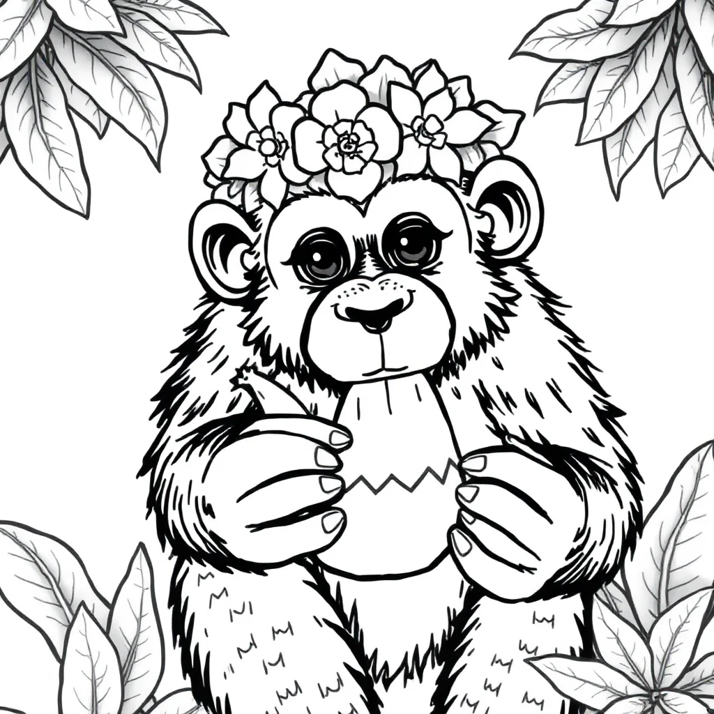 Monkeys a monkey eating a banana wearing a flower crown — classic monkeys coloring page (ages 5–10)