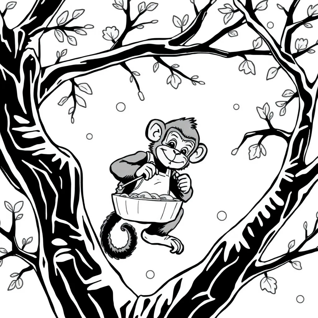 Monkeys a monkey in a tree baking cookies — classic monkeys coloring page (ages 5–10)