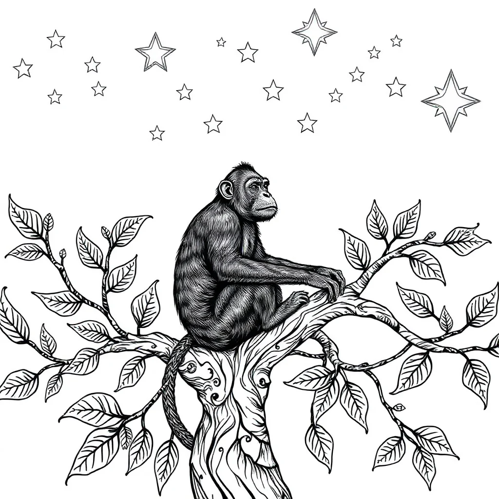 Monkeys a monkey in a tree under the night sky with stars — detailed monkeys coloring page (ages 9+ & adults)