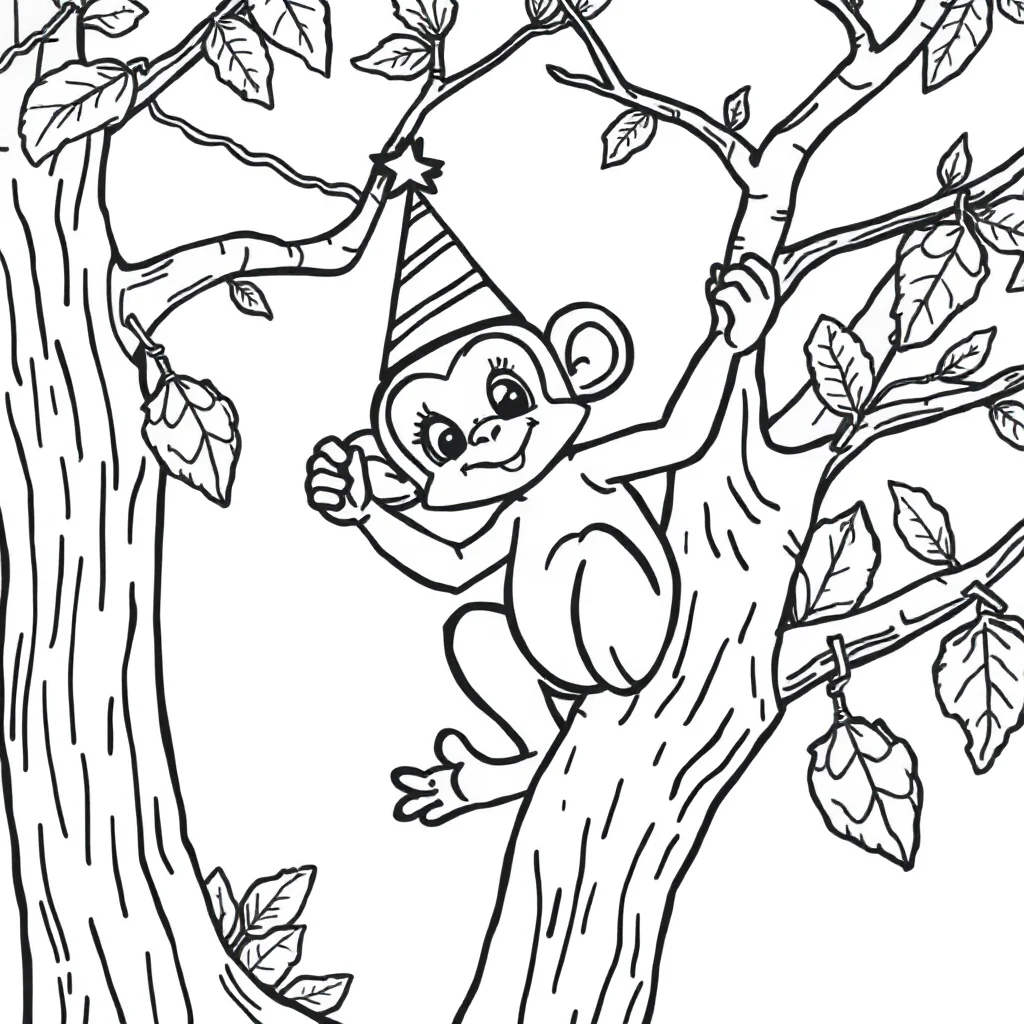 Monkeys a monkey in a tree wearing a party hat — classic monkeys coloring page (ages 5–10)