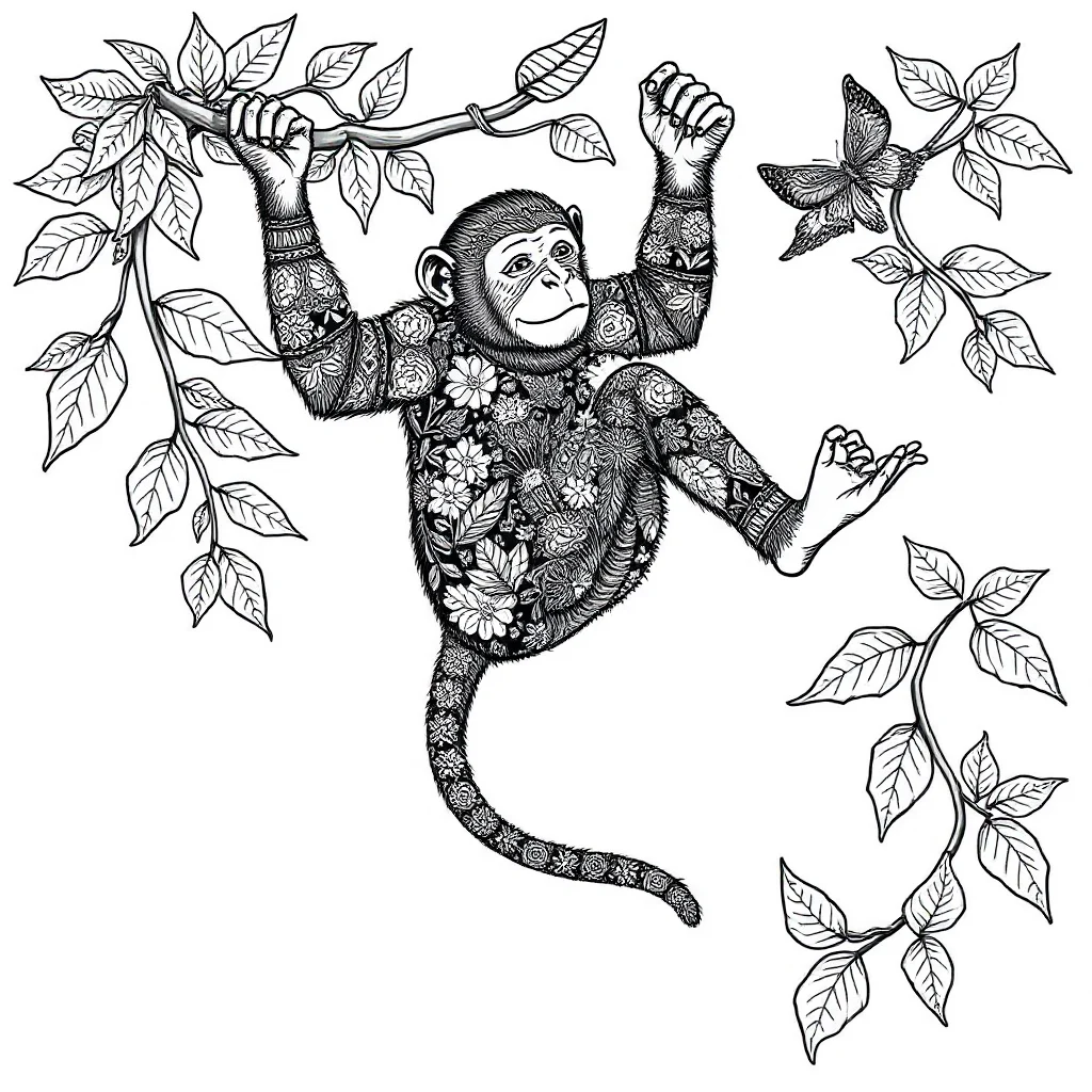 Monkeys a monkey swinging on a vine dancing — detailed monkeys coloring page (ages 9+ & adults)