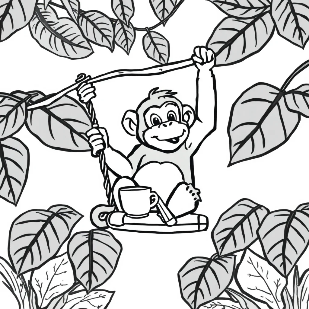 Monkeys a monkey swinging on a vine having a picnic — classic monkeys coloring page (ages 5–10)