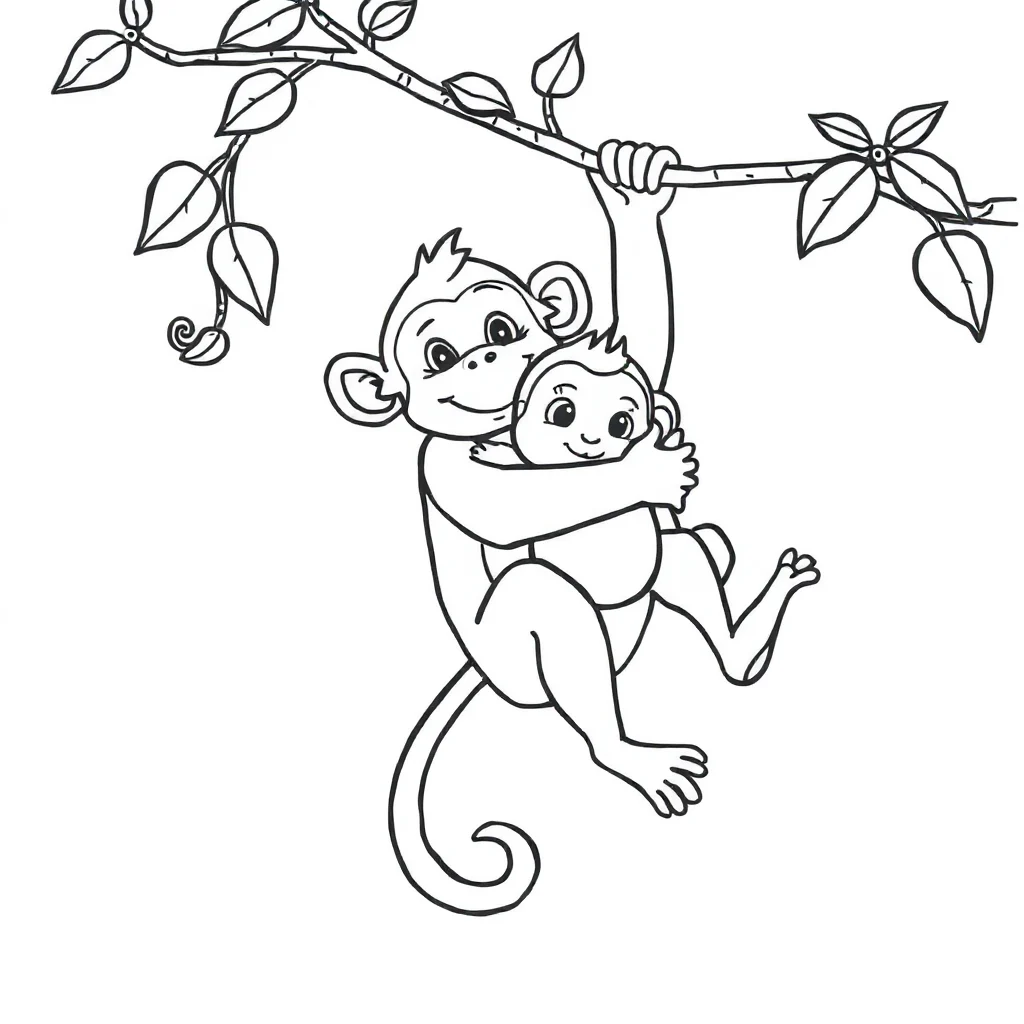 Monkeys a monkey swinging on a vine hugging a friend — easy monkeys coloring page (ages 2–5)