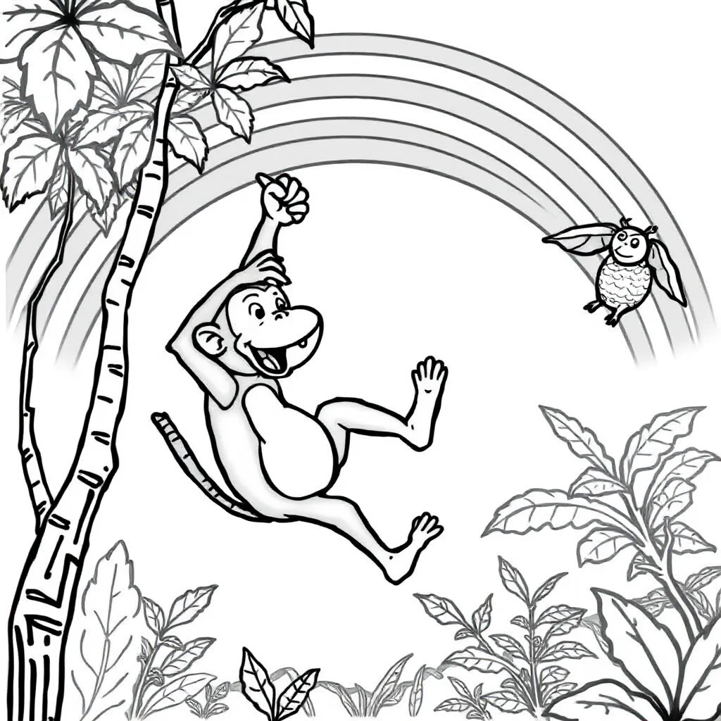 Monkeys a monkey swinging on a vine under a rainbow — classic monkeys coloring page (ages 5–10)