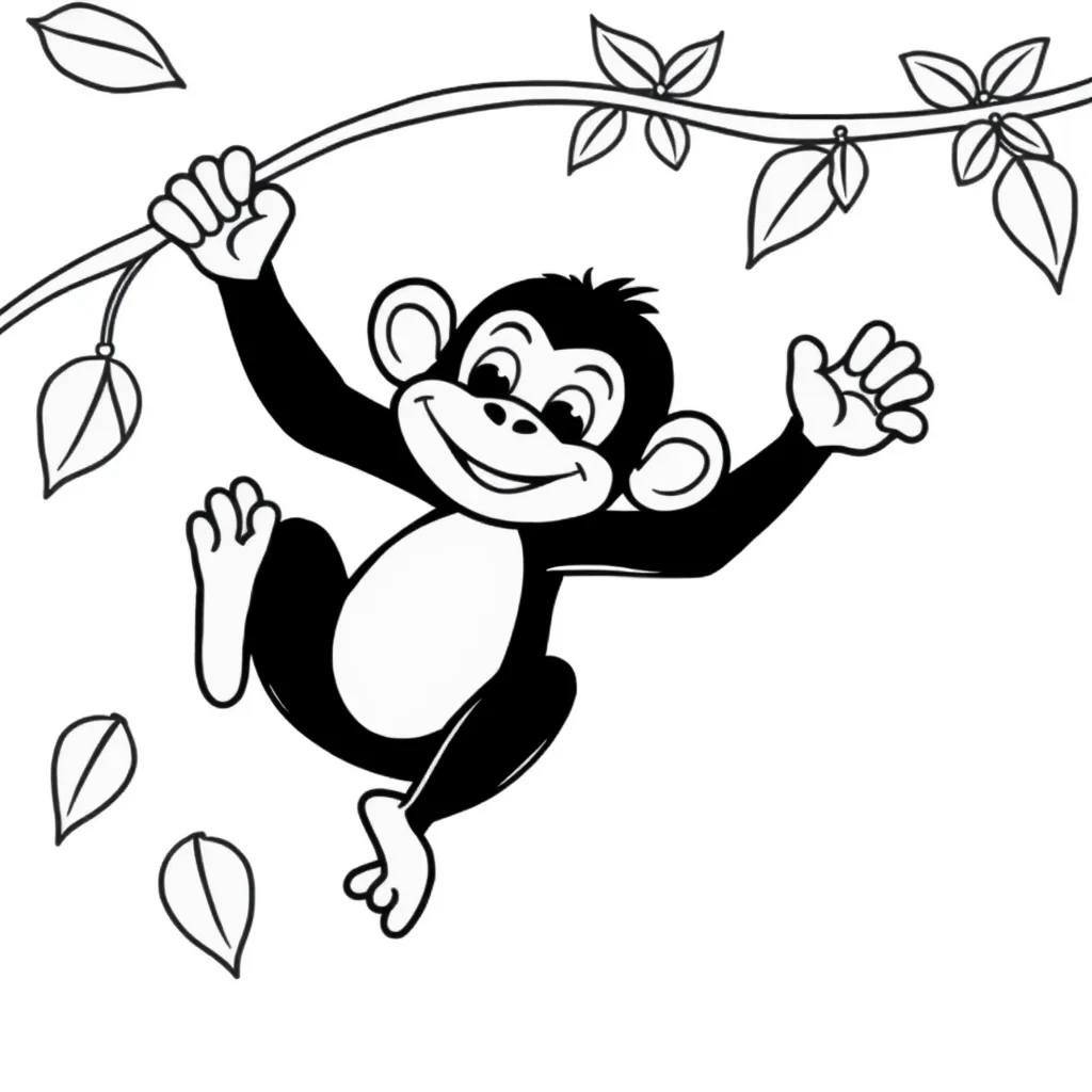 Monkeys a monkey swinging on a vine — easy monkeys coloring page (ages 2–5)