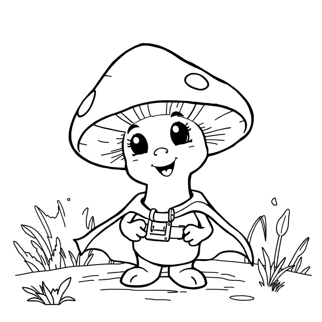 Mushrooms a cute mushroom in a superhero cape — classic mushrooms coloring page (ages 5–10)