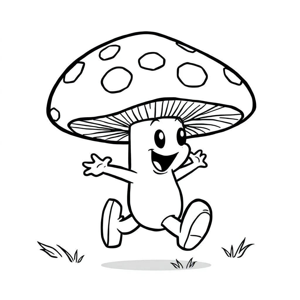Mushrooms a cute mushroom running — easy mushrooms coloring page (ages 2–5)