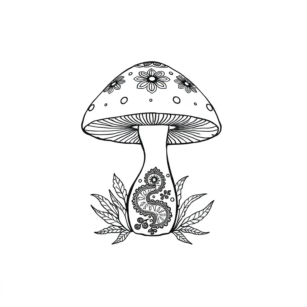 Mushrooms a cute mushroom sitting — detailed mushrooms coloring page (ages 9+ & adults)