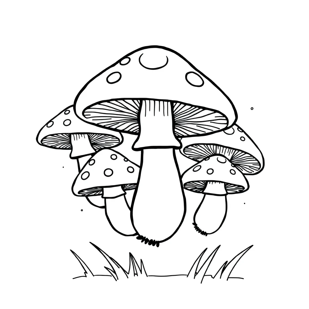 Mushrooms a group of mushrooms flying — easy mushrooms coloring page (ages 2–5)